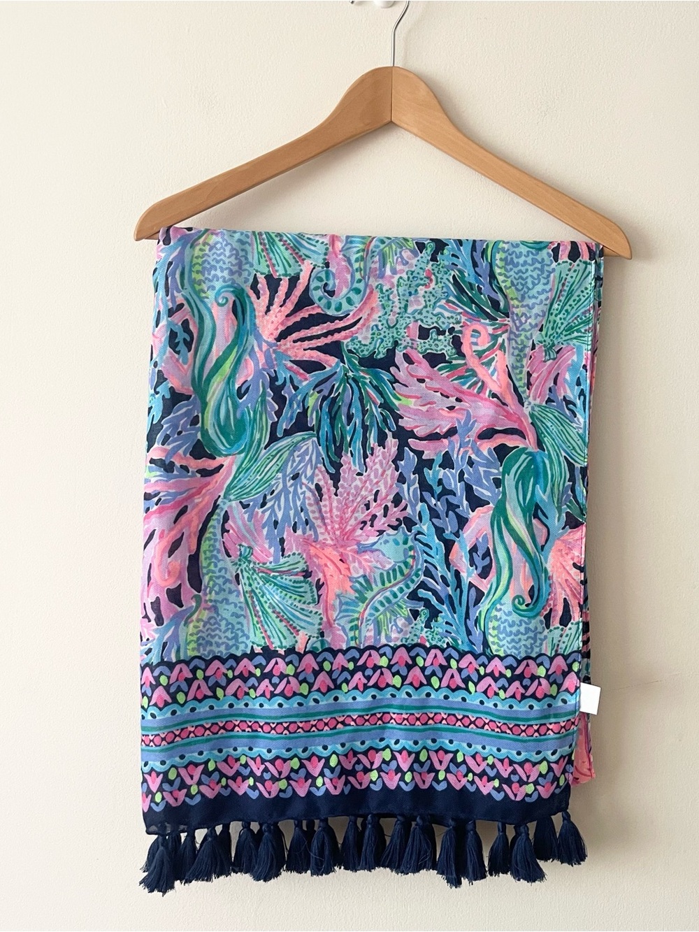 Lilly Pulitzer Floral Tassel Navy Cover Up Wrap Scarf Pink & Blue